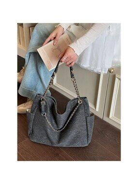 Denim Shoulder Bag with Chain Strap